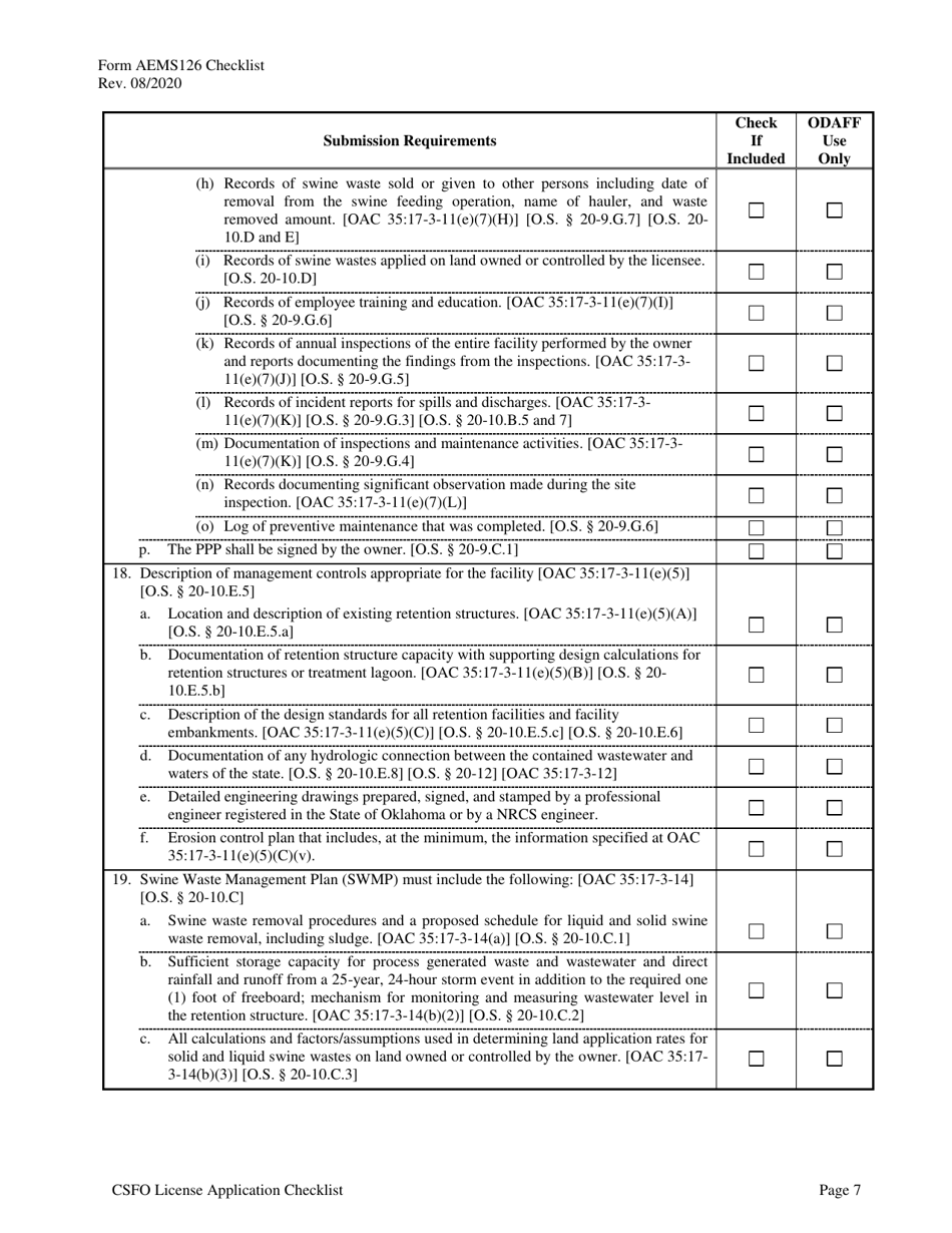 Form AEMS126 Concentrated Swine Feeding Operation (Csfo) License Application - Oklahoma, Page 11