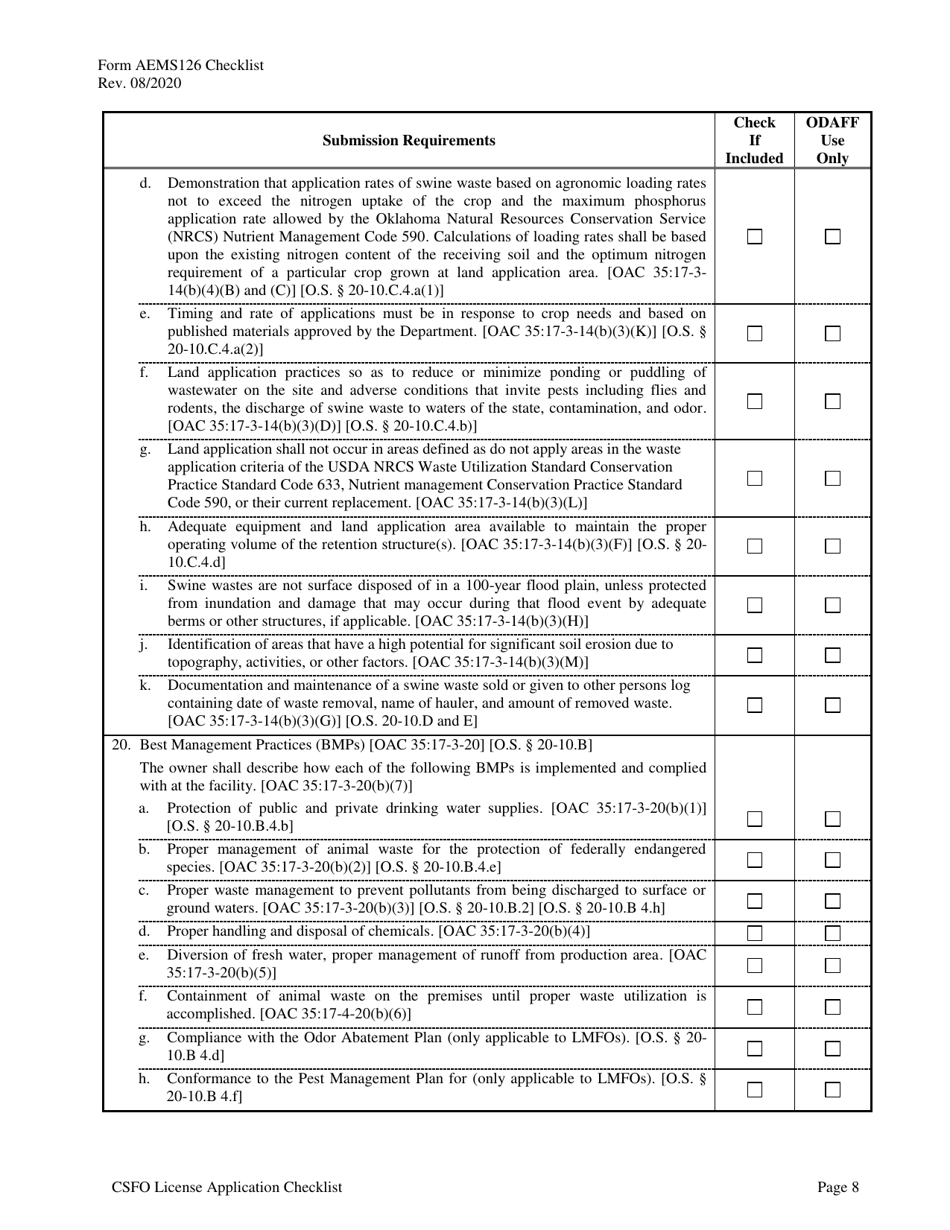 Form AEMS126 Concentrated Swine Feeding Operation (Csfo) License Application - Oklahoma, Page 12