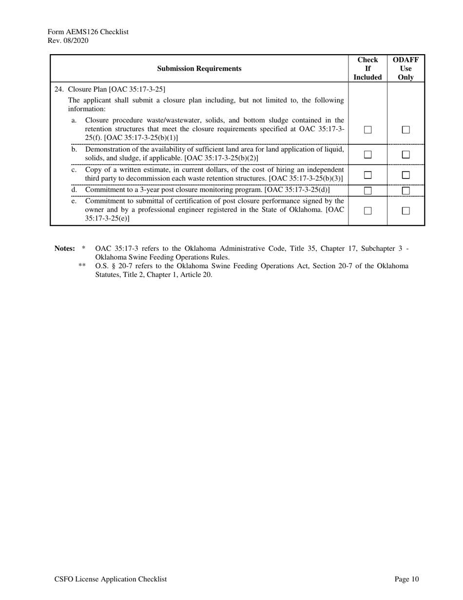 Form AEMS126 Concentrated Swine Feeding Operation (Csfo) License Application - Oklahoma, Page 14