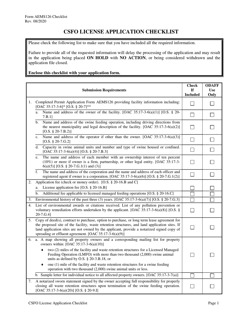Form AEMS126 Concentrated Swine Feeding Operation (Csfo) License Application - Oklahoma, Page 5