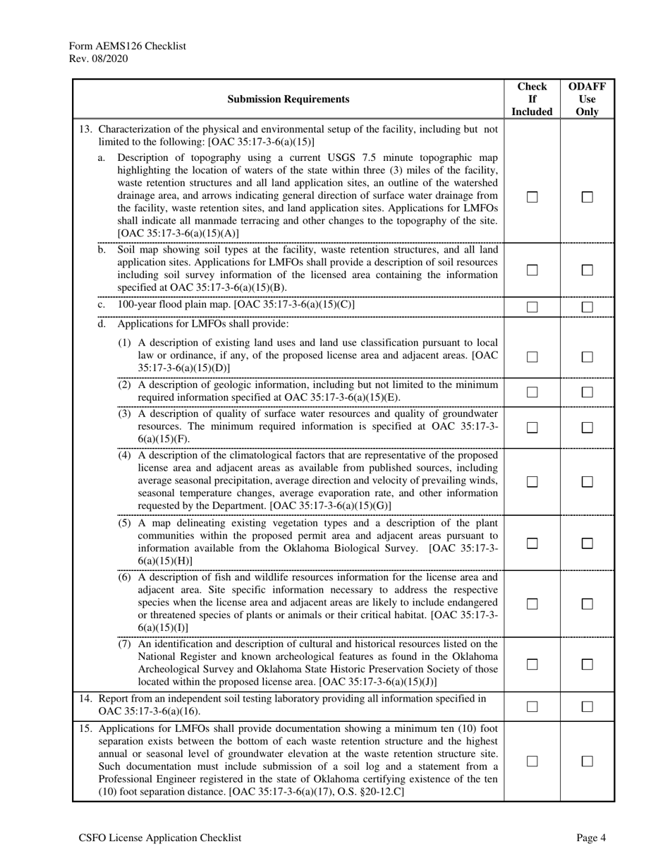 Form AEMS126 Concentrated Swine Feeding Operation (Csfo) License Application - Oklahoma, Page 8