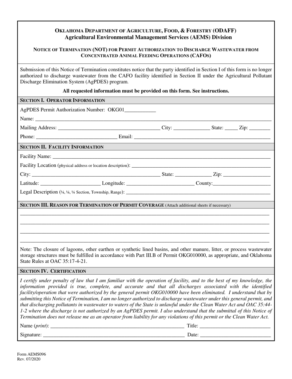 Form AEMS096 Notice of Termination (Not) for Permit Authorization to Discharge Wastewater From Concentrated Animal Feeding Operations (Cafos) - Oklahoma, Page 1