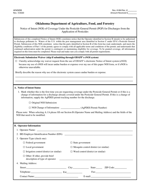 Form AEMS098 Notice of Intent (Noi) of Coverage Under the Pesticide General Permit (Pgp) for Discharges From the Application of Pesticides - Oklahoma