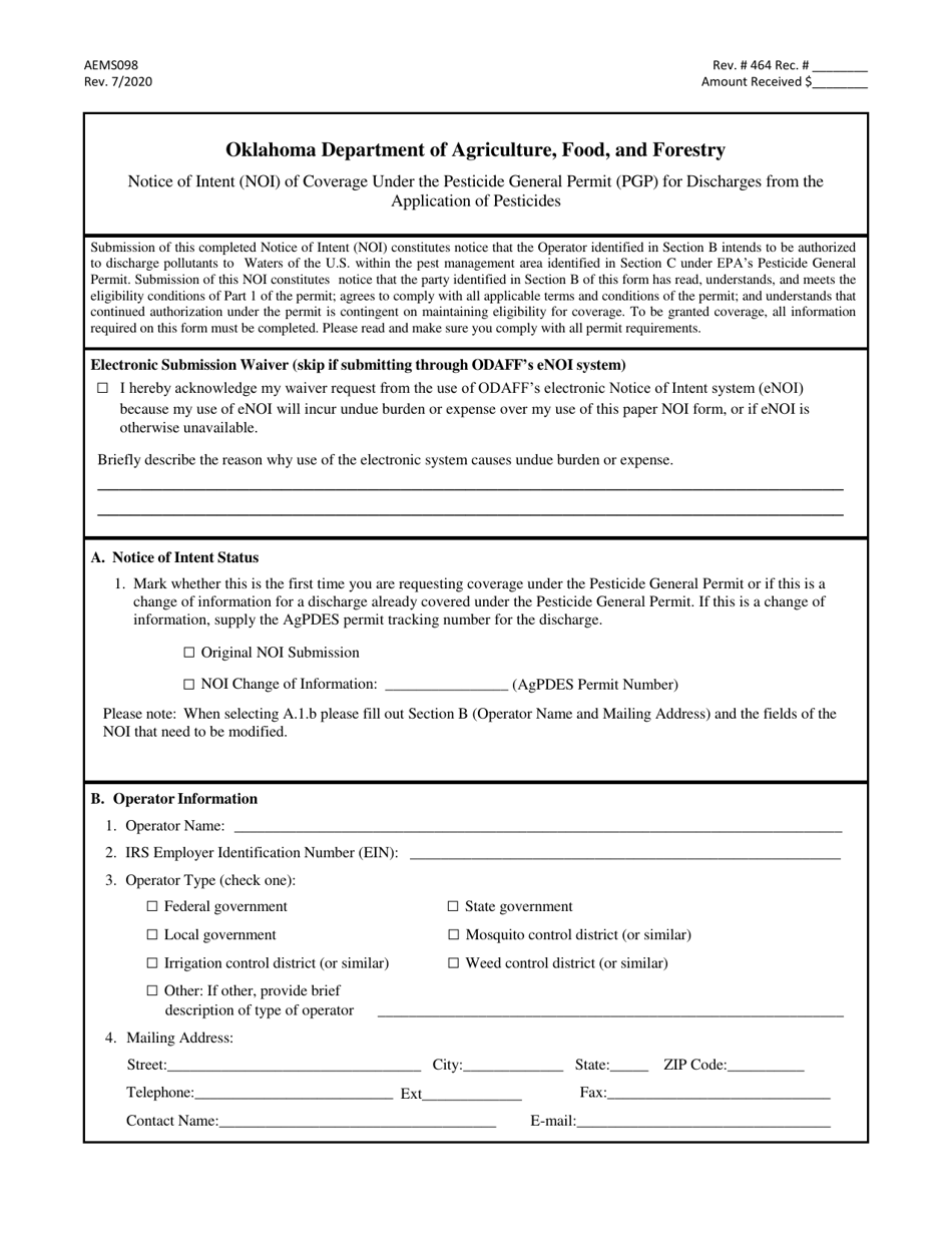 Form AEMS098 Notice of Intent (Noi) of Coverage Under the Pesticide General Permit (Pgp) for Discharges From the Application of Pesticides - Oklahoma, Page 1