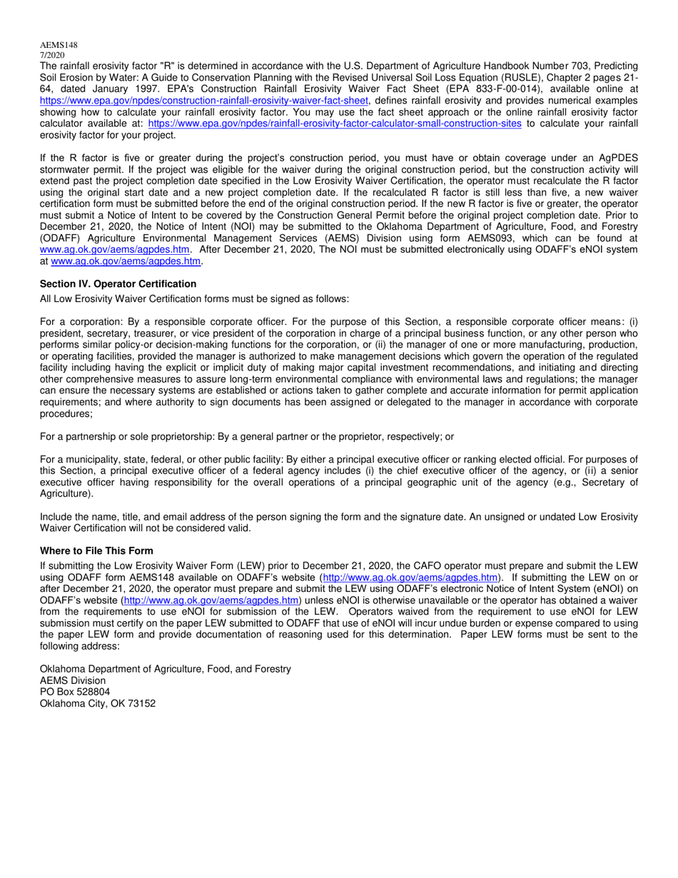 Form AEMS148 Low Erosivity Waiver for Storm Water Discharges Associated With Construction Activity on Sites of One to Five Acres and Sites of Five or More Acres Under the Agpdes Odaff 2017 Construction General Permit (Cgp) - Oklahoma, Page 3