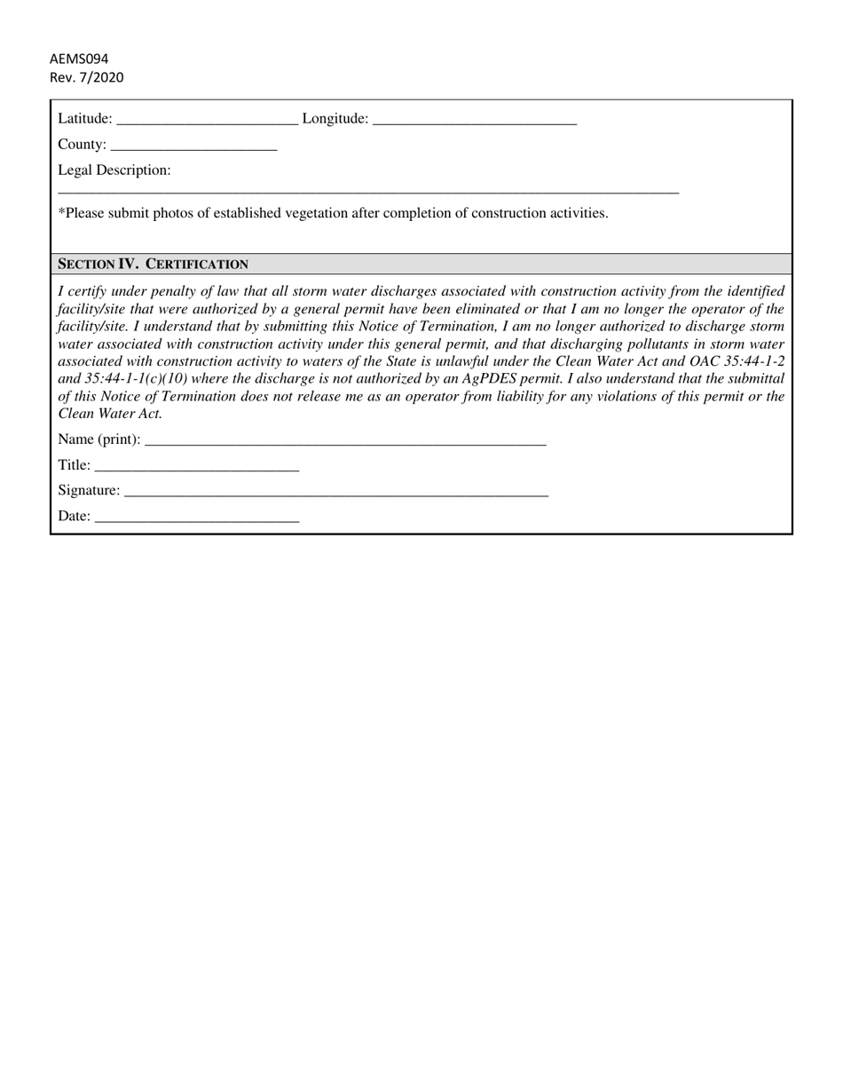 Form AEMS094 Notice of Termination (Not) for Permit Authorization to Discharge Storm Water Associated With Agricultural Construction Activities - Oklahoma, Page 2