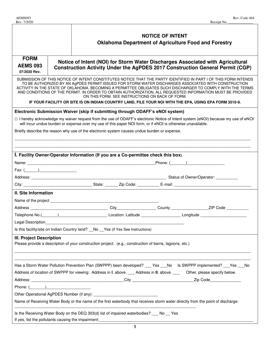 Form AEMS093 Notice of Intent (Noi) for Storm Water Discharges Associated With Agricultural Construction Activity Under the Agpdes 2017 Construction General Permit (Cgp) - Oklahoma, Page 1