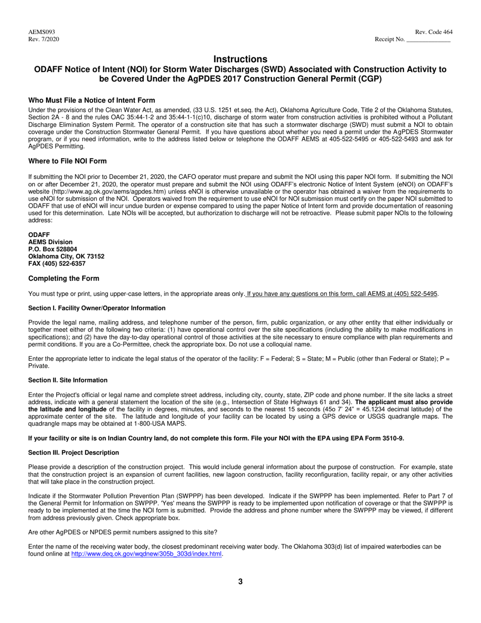 Form AEMS093 Notice of Intent (Noi) for Storm Water Discharges Associated With Agricultural Construction Activity Under the Agpdes 2017 Construction General Permit (Cgp) - Oklahoma, Page 3