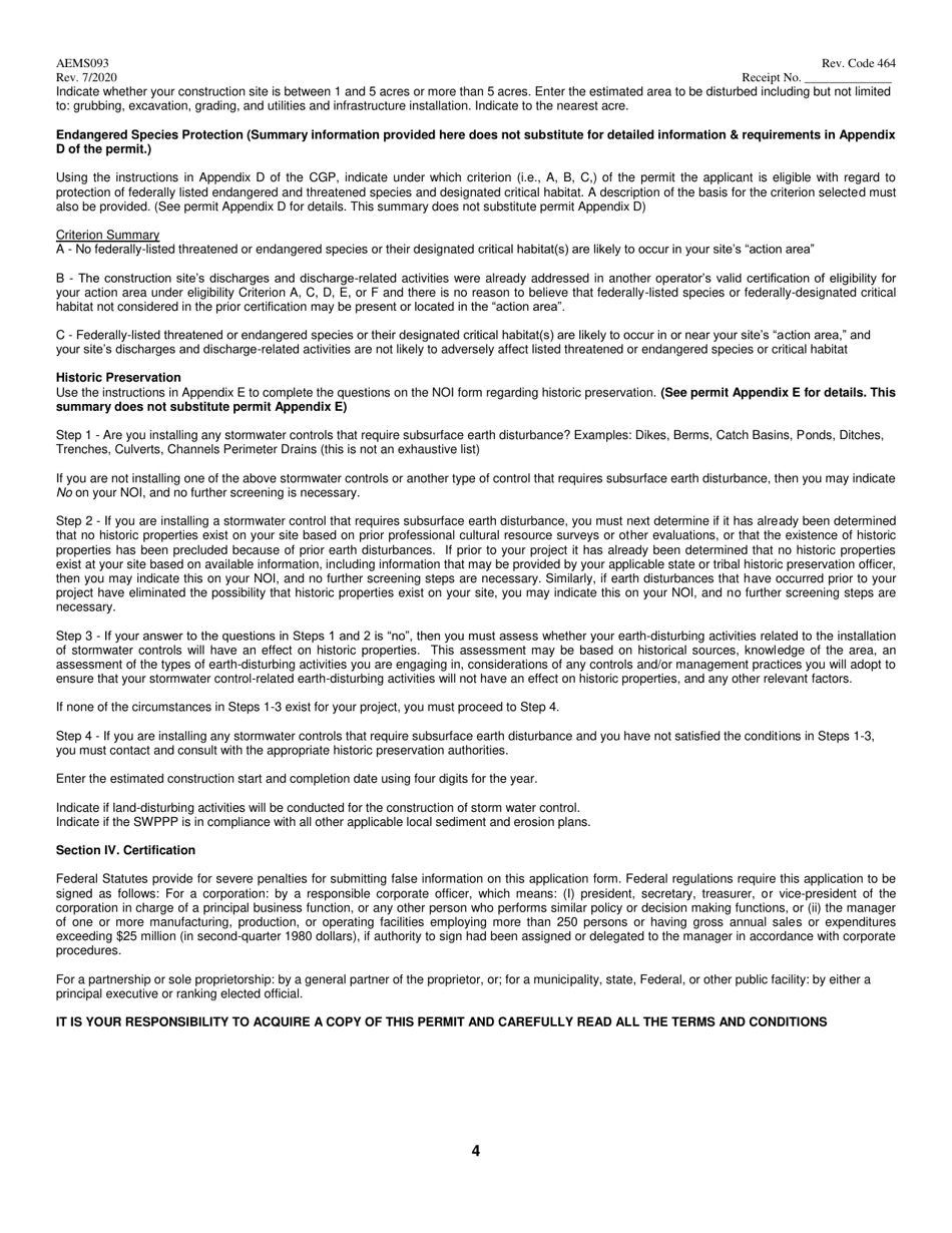 Form AEMS093 Notice of Intent (Noi) for Storm Water Discharges Associated With Agricultural Construction Activity Under the Agpdes 2017 Construction General Permit (Cgp) - Oklahoma, Page 4