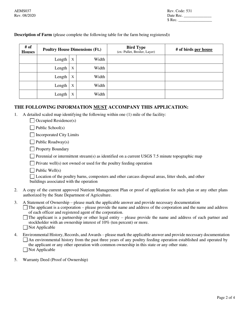 Form AEMS037 New Poultry Feeding Operation Registration Application - Oklahoma, Page 2