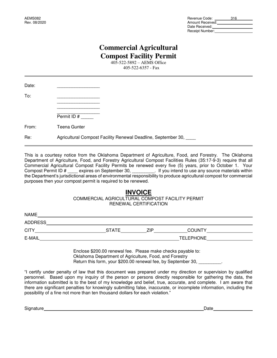Form AEMS082 Commercial Agricultural Compost Facility Permit - Oklahoma, Page 1