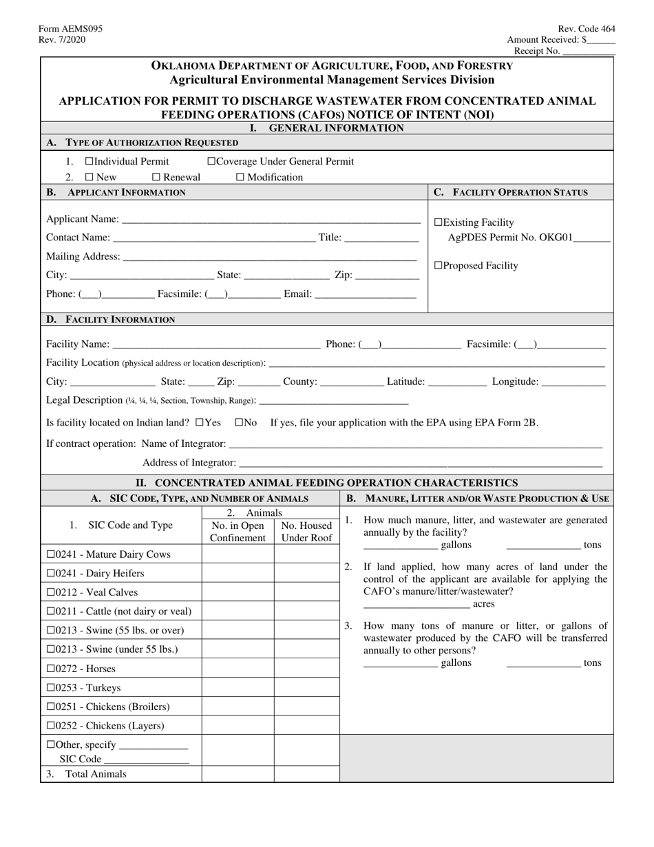 Form AEMS095 Application for Permit to Discharge Wastewater From Concentrated Animal Feeding Operations (Cafos) Notice of Intent (Noi) - Oklahoma, Page 1