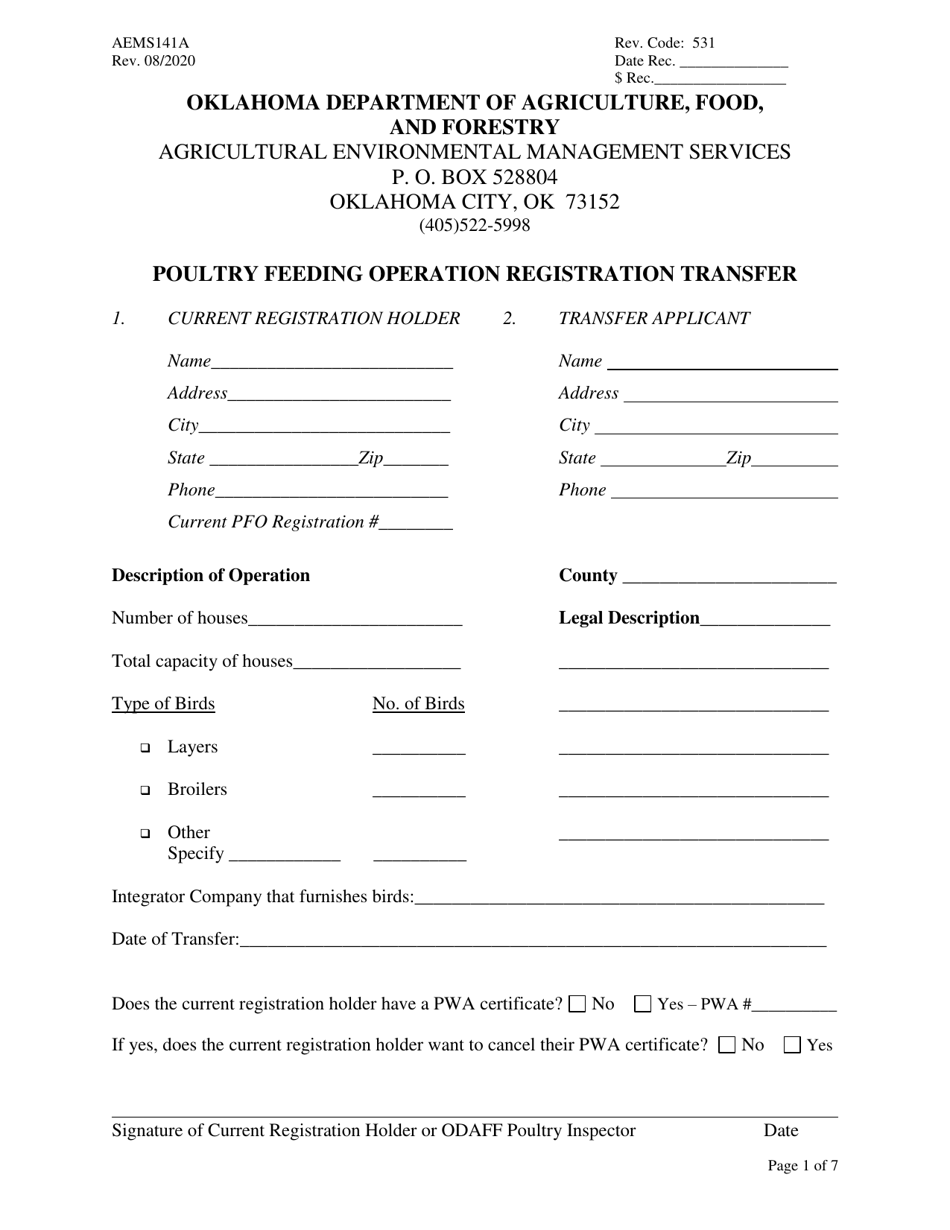 Form AEMS141A Poultry Feeding Operation Registration Transfer - Oklahoma, Page 1