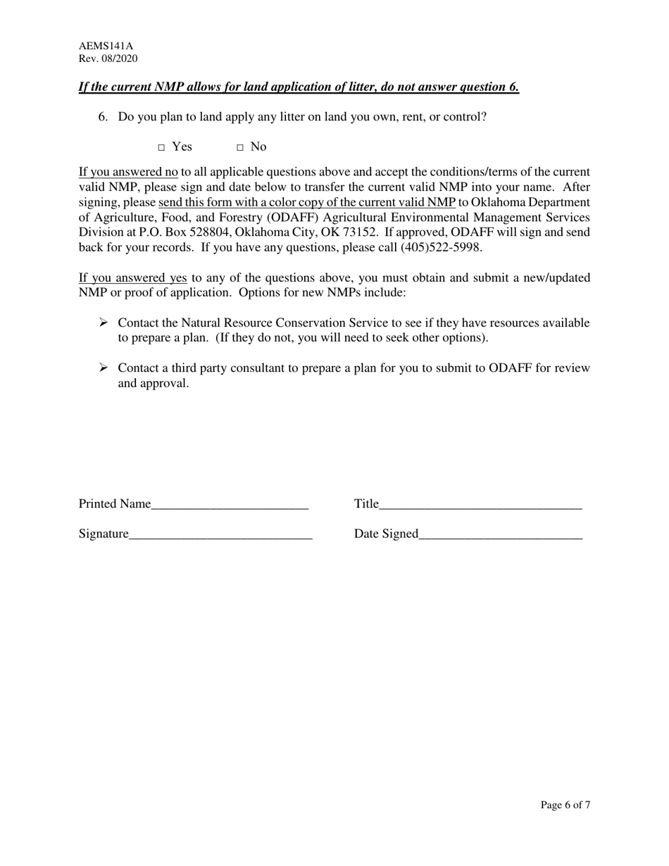 Form AEMS141A Poultry Feeding Operation Registration Transfer - Oklahoma, Page 6