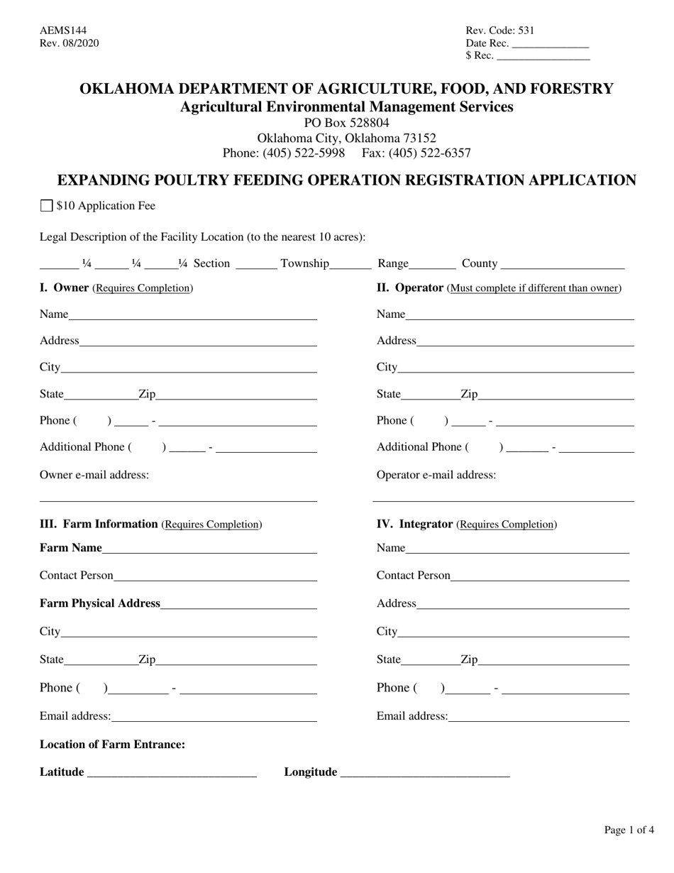 Form AEMS144 Expanding Poultry Feeding Operation Registration Application - Oklahoma, Page 1