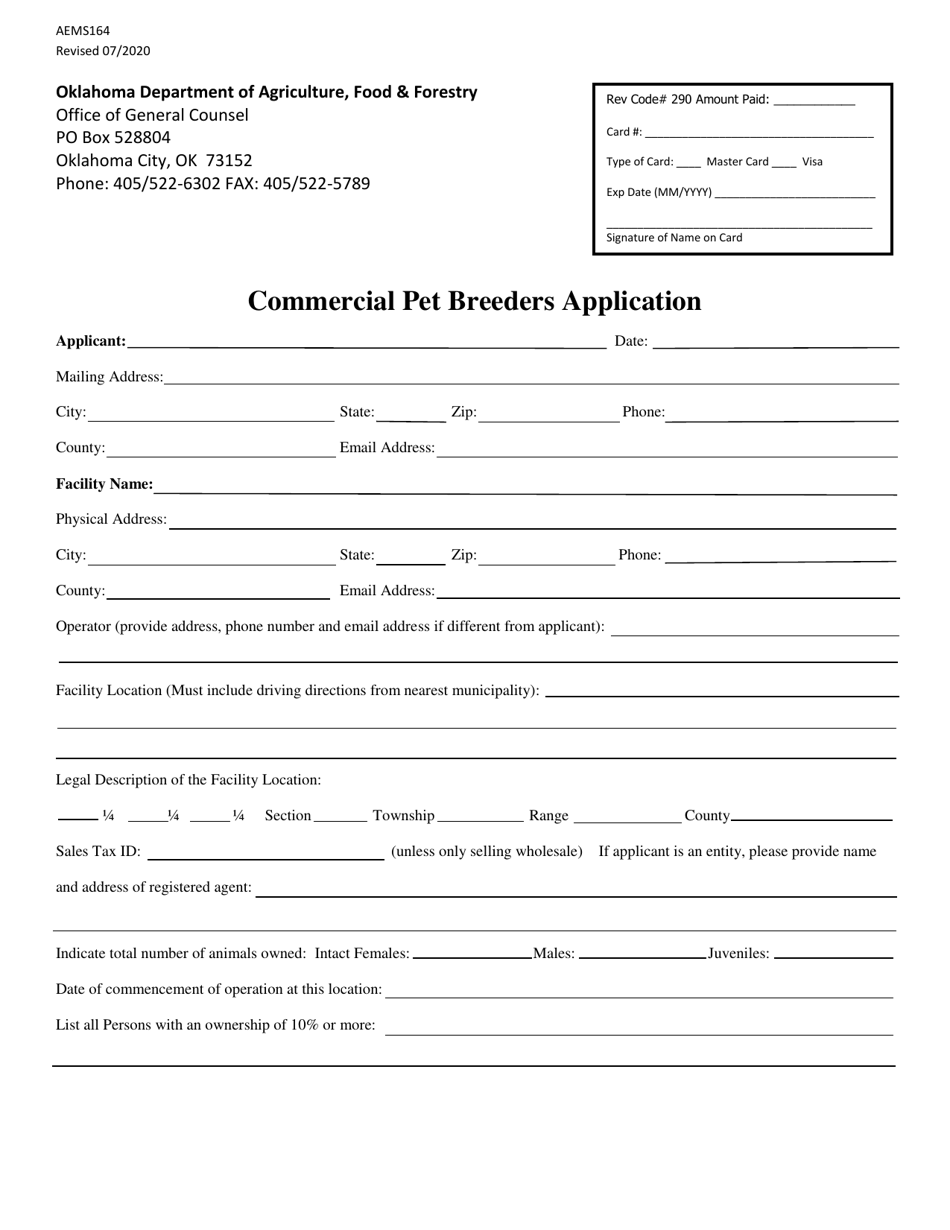 Form AEMS164 Commercial Pet Breeders Application - Oklahoma, Page 1