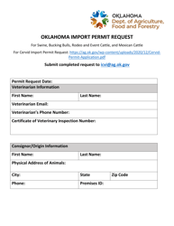 Document preview: Oklahoma Import Permit Request - Oklahoma