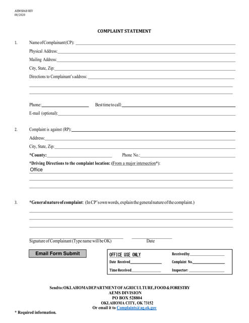 Form AEMS068 Complaint Statement - Oklahoma