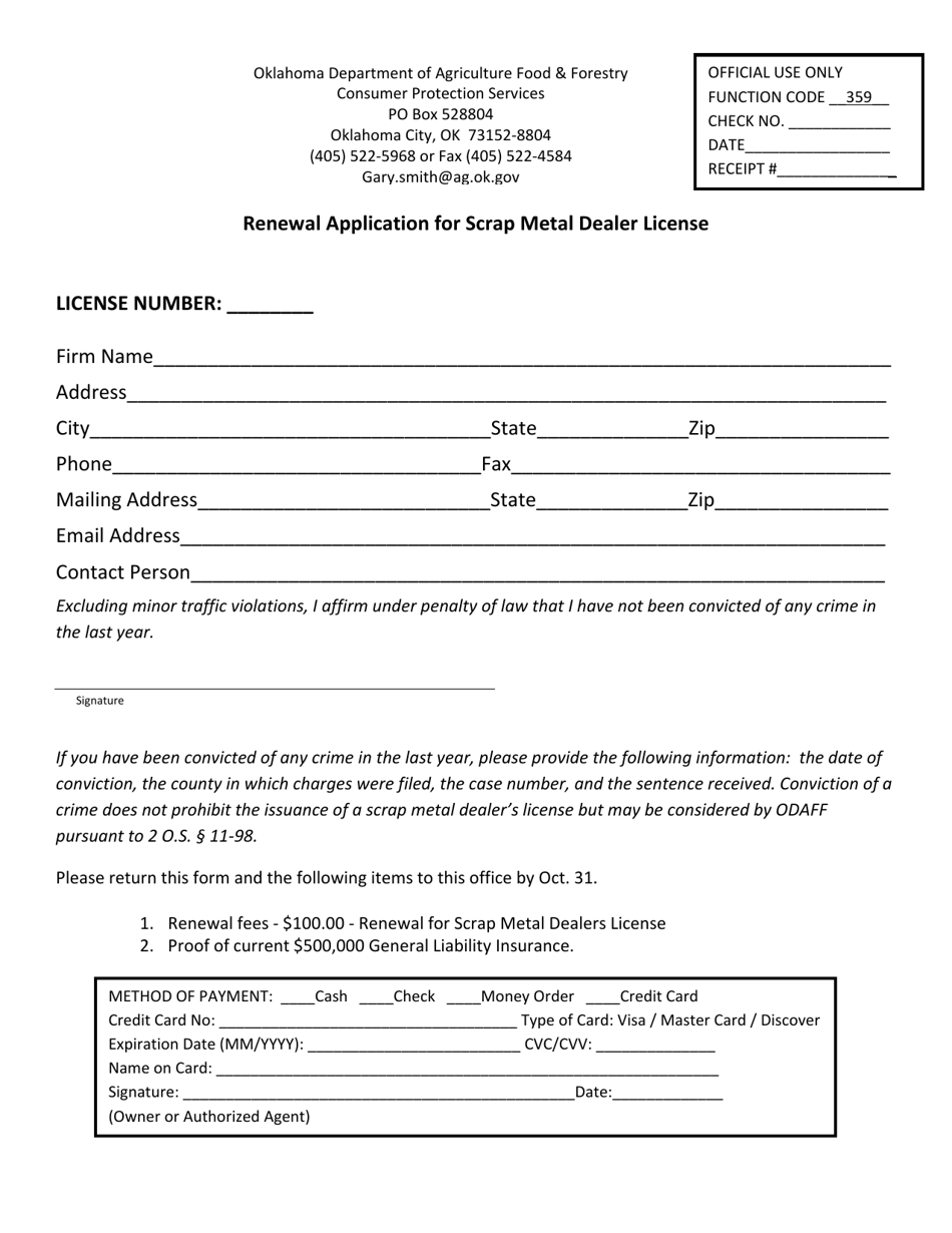 Oklahoma Renewal Application for Scrap Metal Dealer License Download