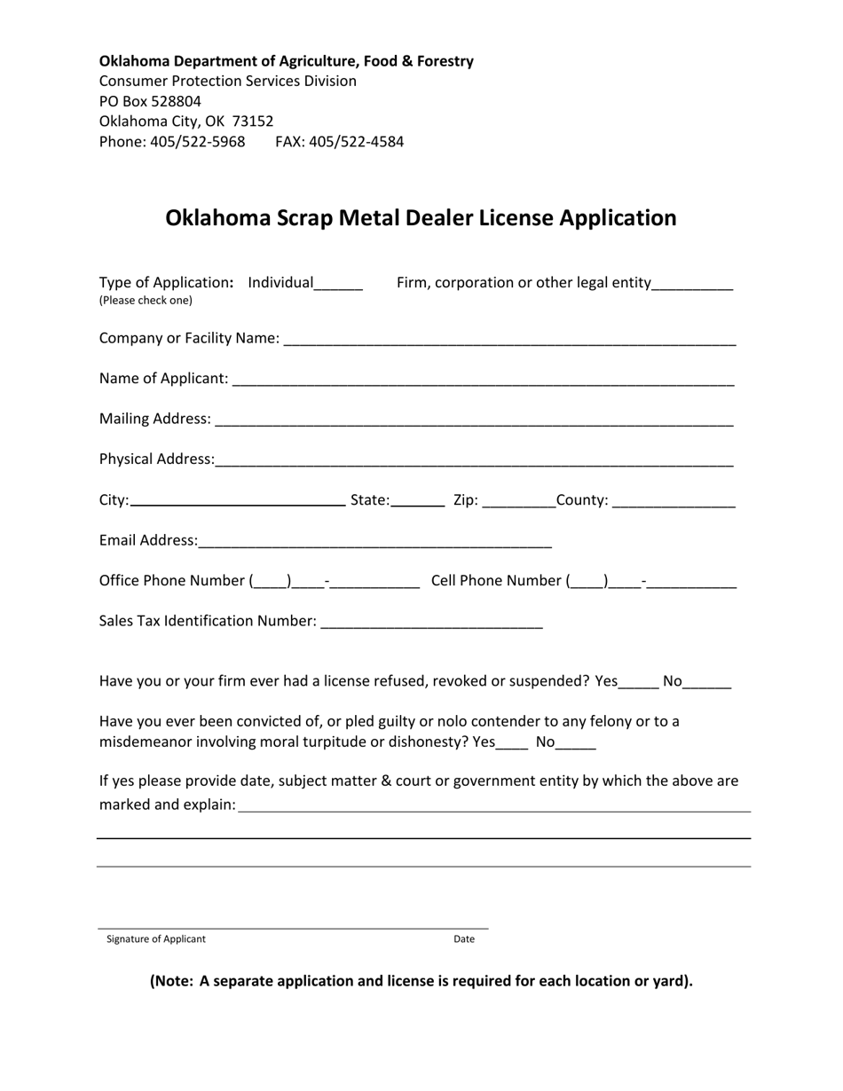 Oklahoma Oklahoma Scrap Metal Dealer License Application Download