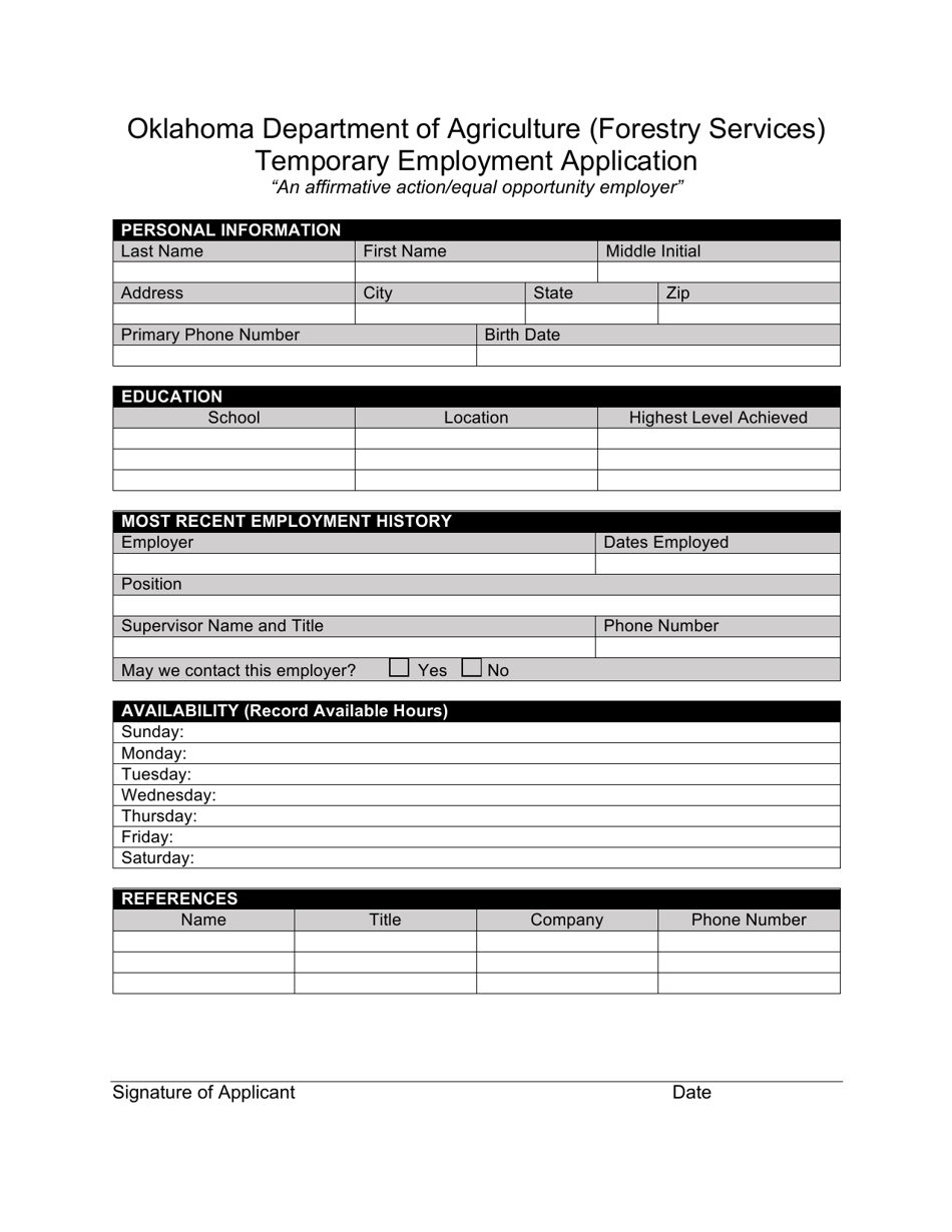 Temporary Employment Application - Oklahoma, Page 1