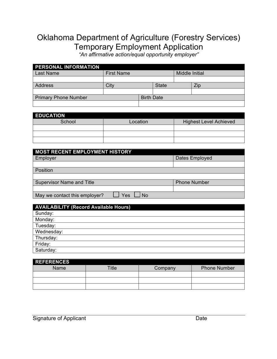 Oklahoma Temporary Employment Application Download Printable PDF