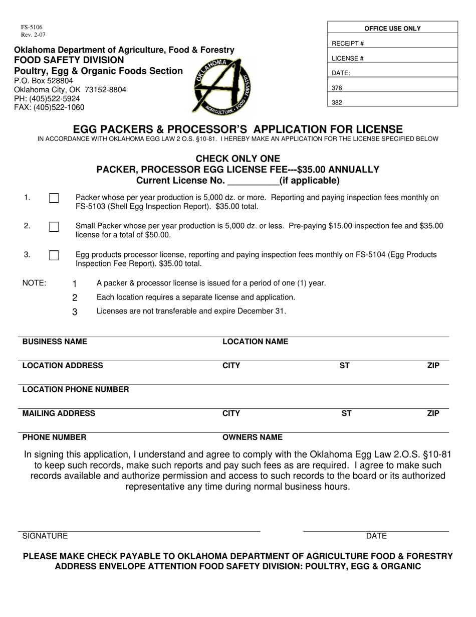 Form FS-5106 Egg Packers  Processors Application for License - Oklahoma, Page 1