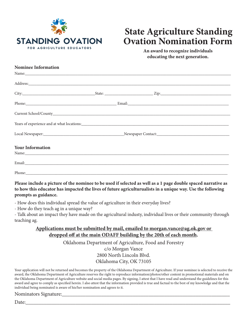 State Agriculture Standing Ovation Nomination Form - Oklahoma, Page 1