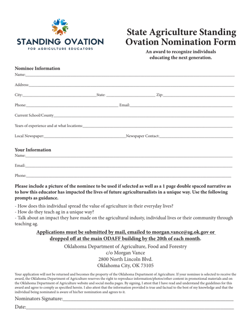 State Agriculture Standing Ovation Nomination Form - Oklahoma Download Pdf
