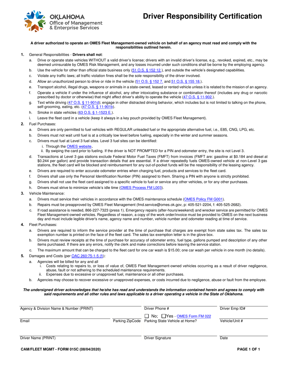 Form 015C Driver Responsibility Certification - Oklahoma, Page 1