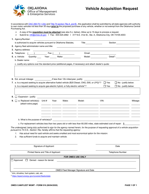 Form 016 Vehicle Acquisition Request - Oklahoma