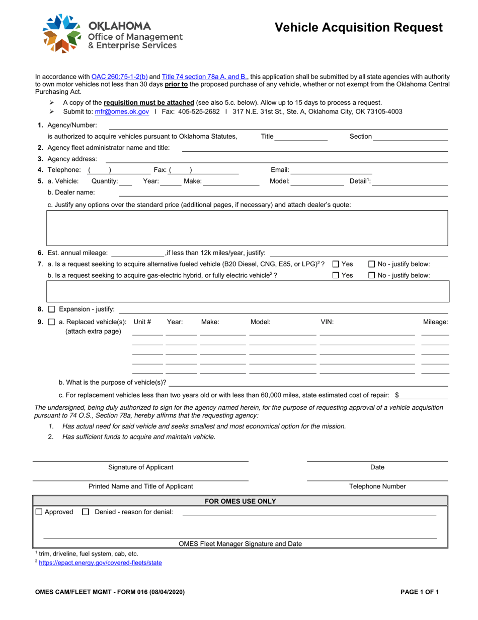 Form 016 Vehicle Acquisition Request - Oklahoma, Page 1