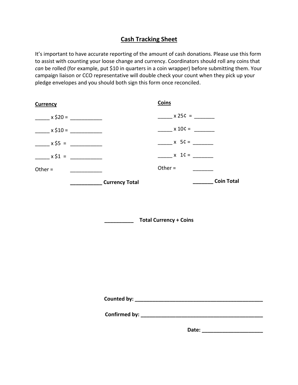 Cash Tracking Sheet - Ohio, Page 1