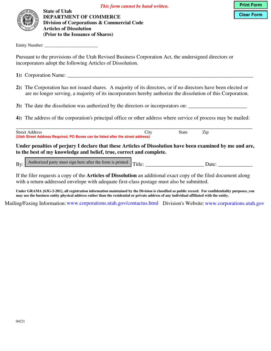 Articles of Dissolution (Prior to the Issuance of Shares) - Utah, Page 1