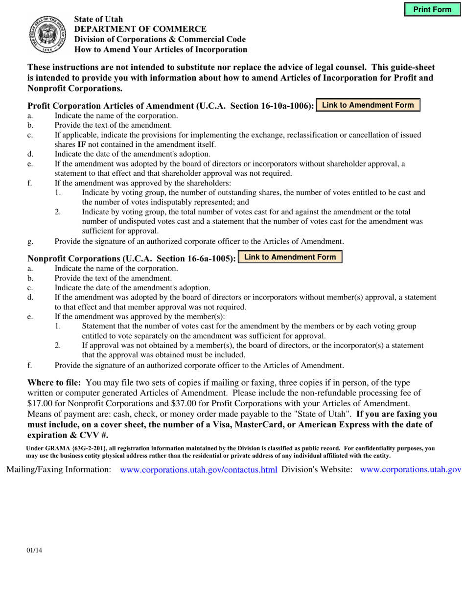 Instructions for Articles of Amendment to Articles of Incorporation - Utah, Page 1