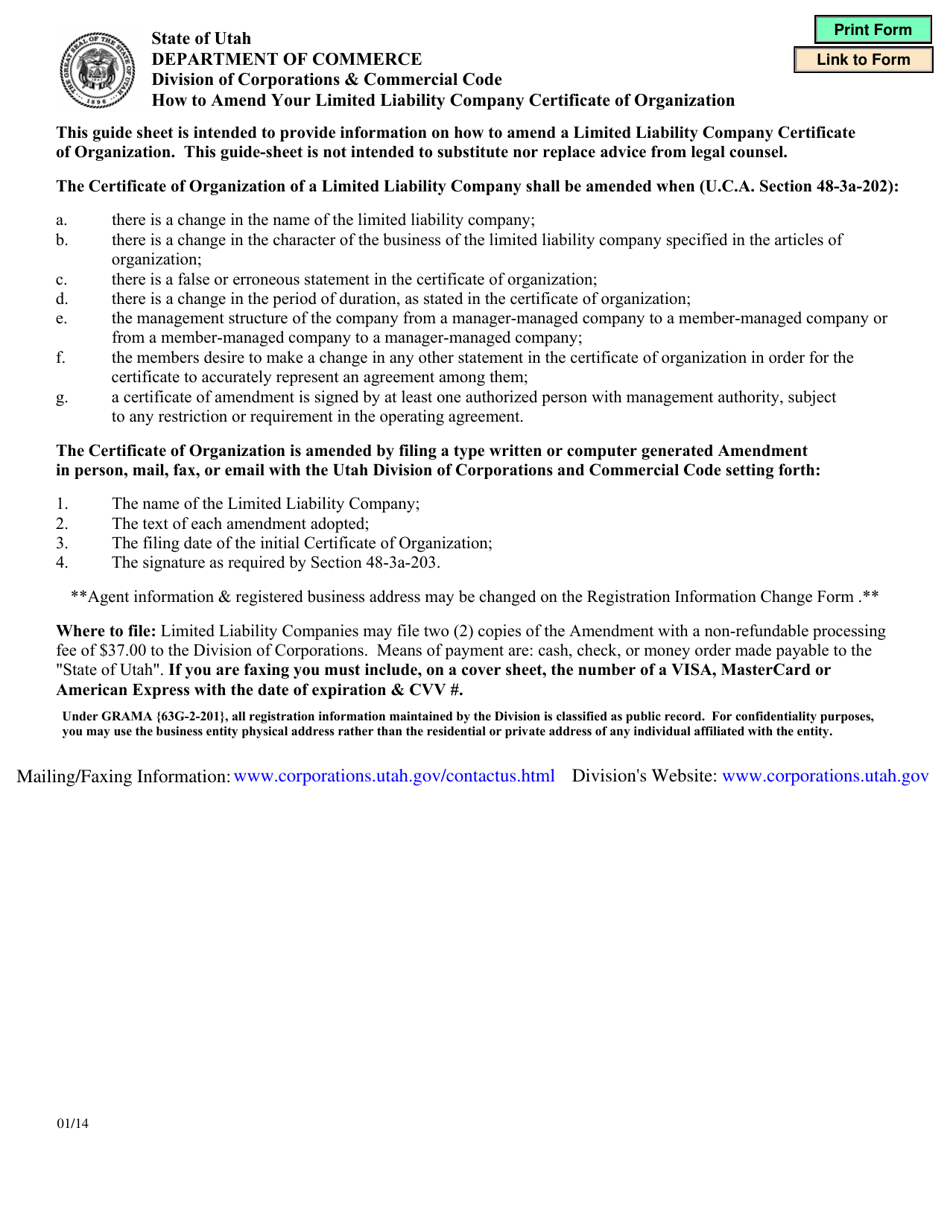 Instructions for Amendment to Certificate of Organization - Utah, Page 1