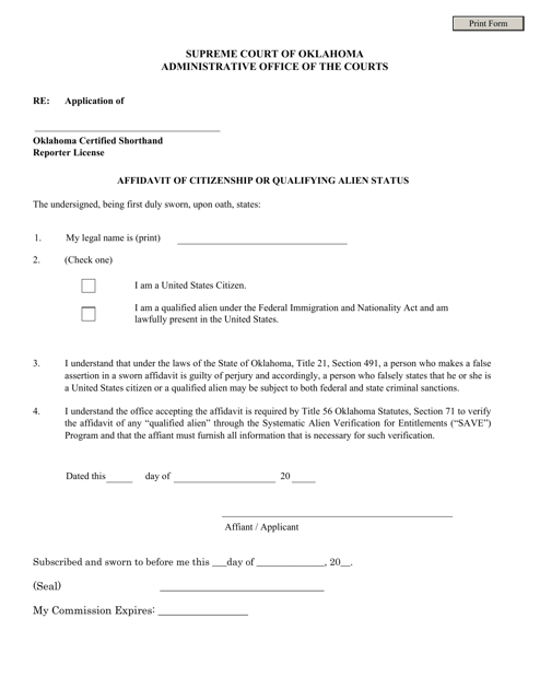 Affidavit of Citizenship or Qualifying Alien Status - Oklahoma Certified Shorthand Reporter License - Oklahoma Download Pdf