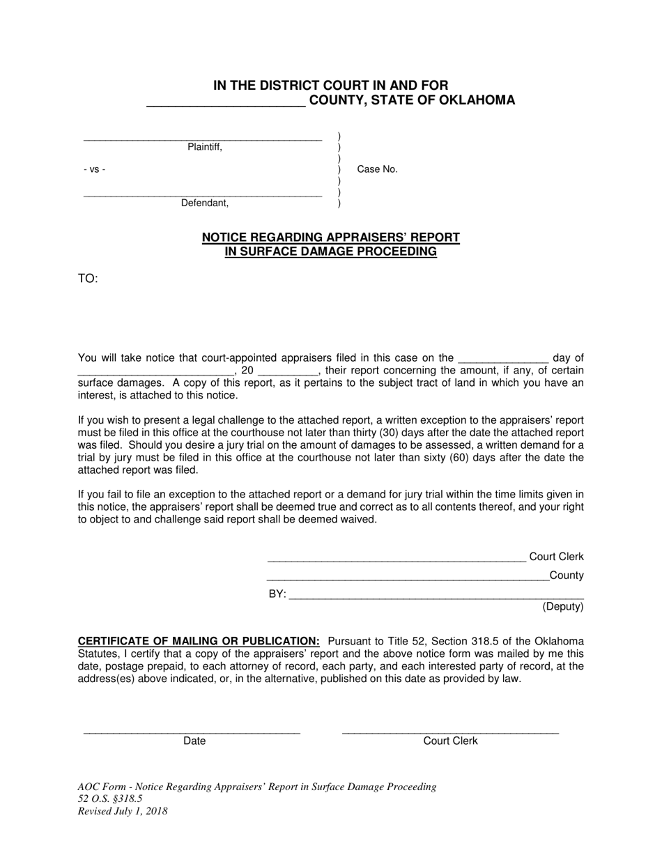 Notice Regarding Appraisers Report in Surface Damage Proceeding - Oklahoma, Page 1