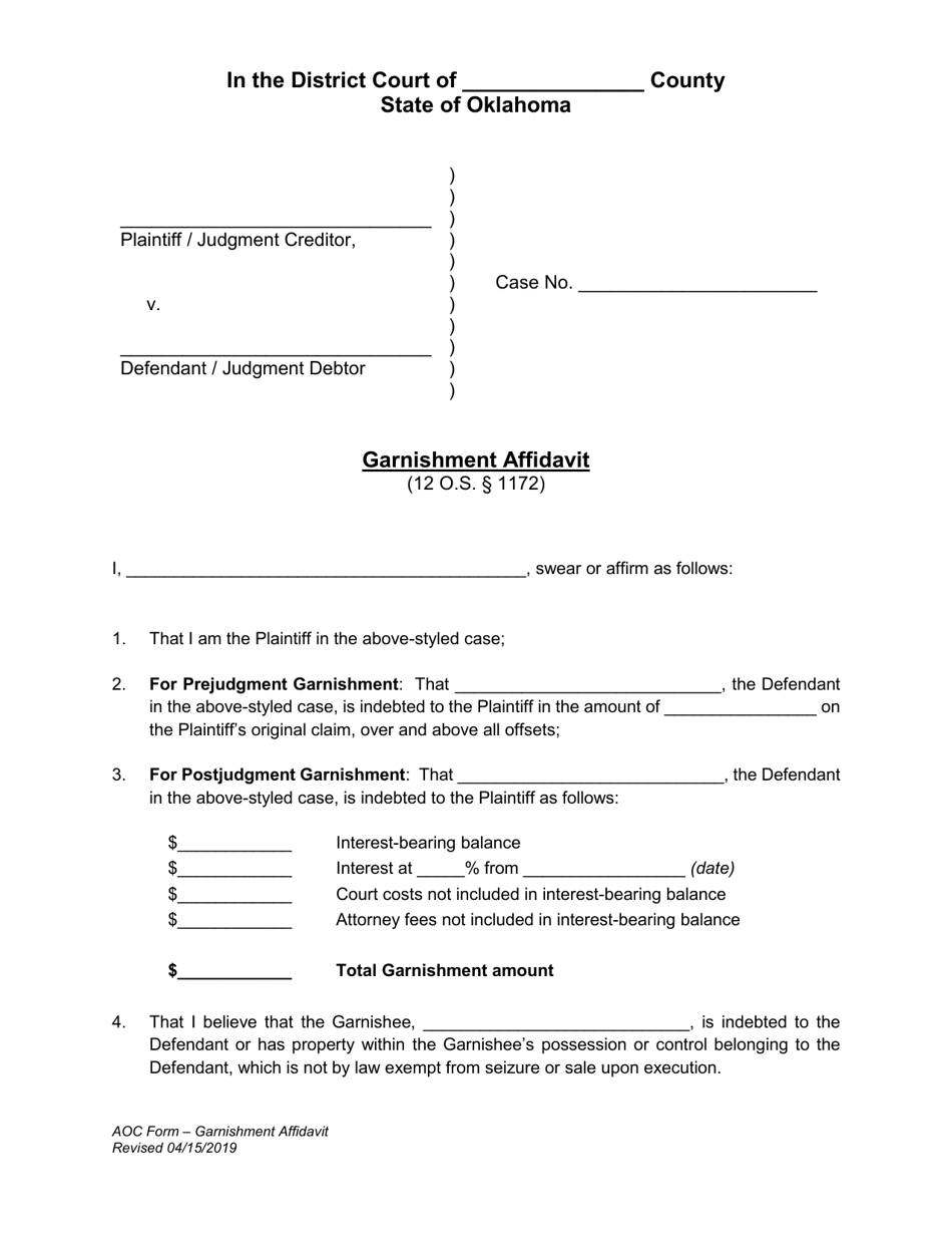 Garnishment Affidavit - Oklahoma, Page 1