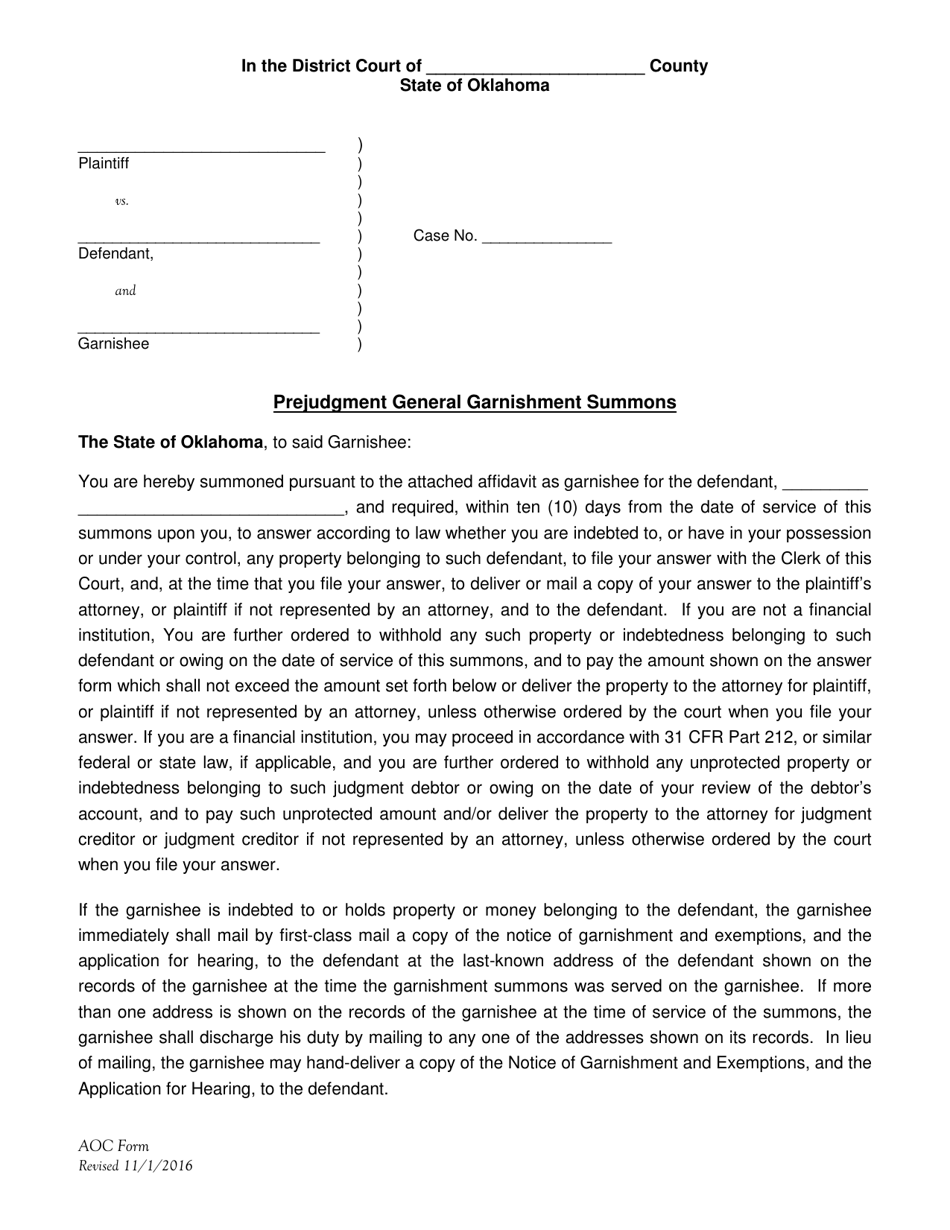 Prejudgment General Garnishment Summons - Oklahoma, Page 1