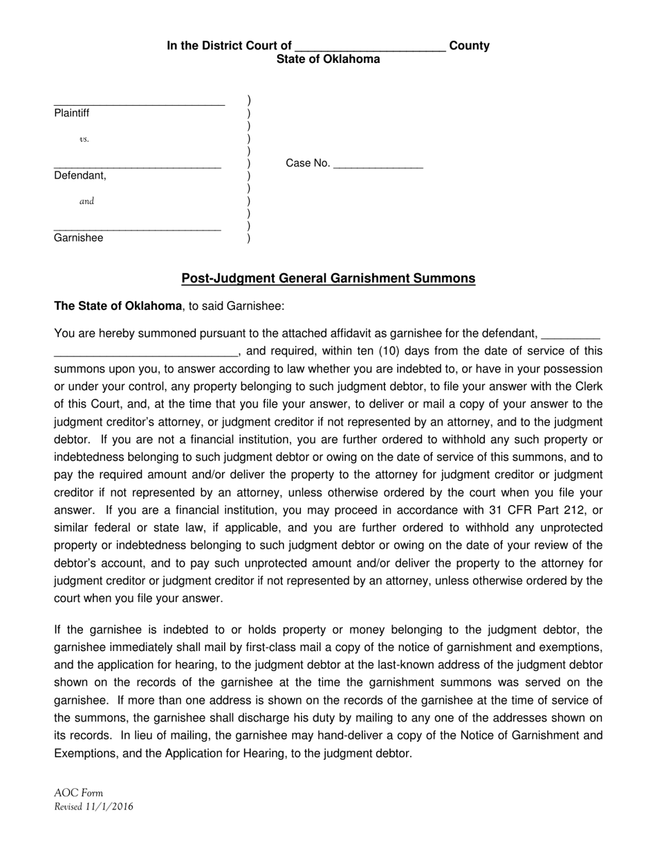 Post-judgment General Garnishment Summons - Oklahoma, Page 1