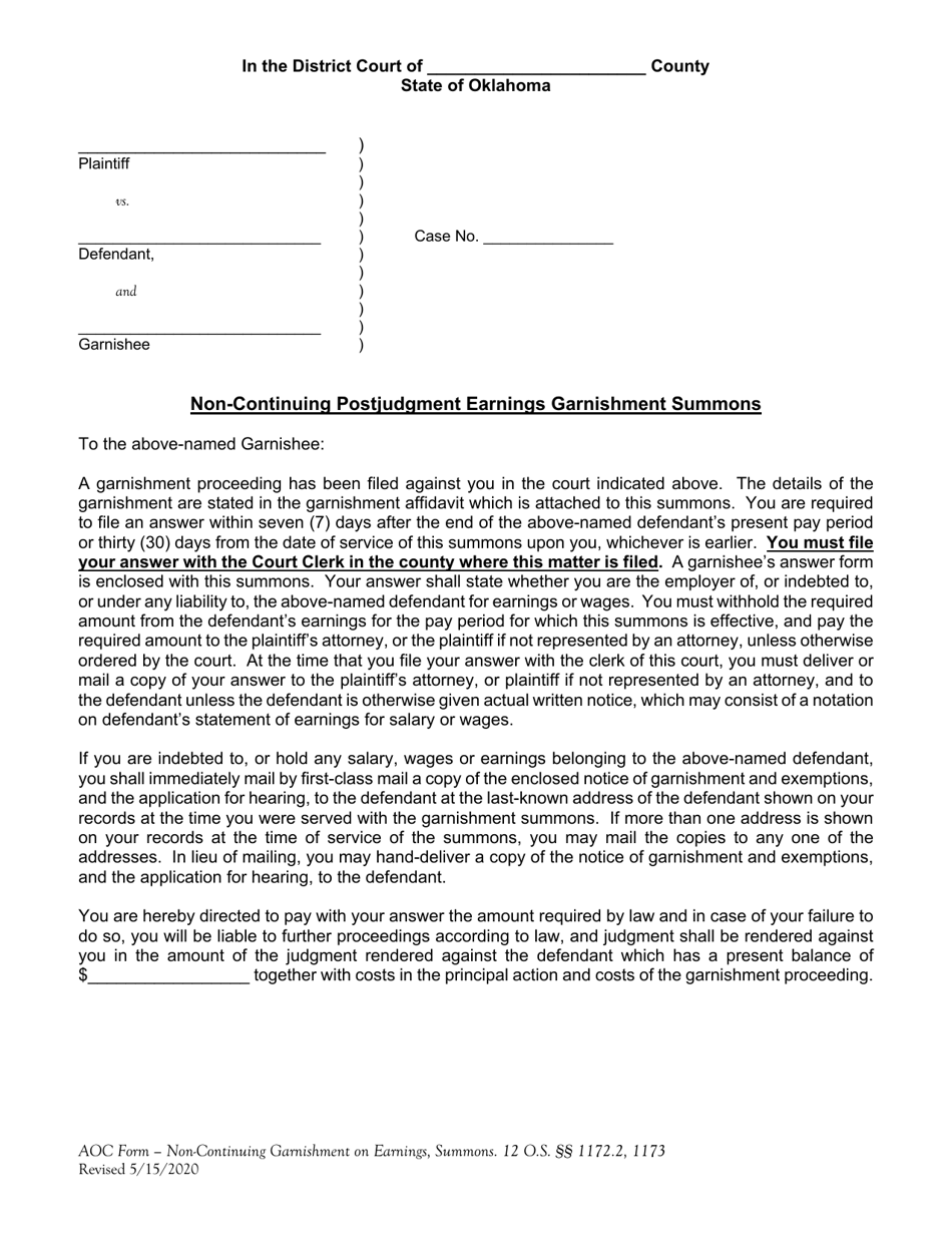 Non-continuing Postjudgment Earnings Garnishment Summons - Oklahoma, Page 1