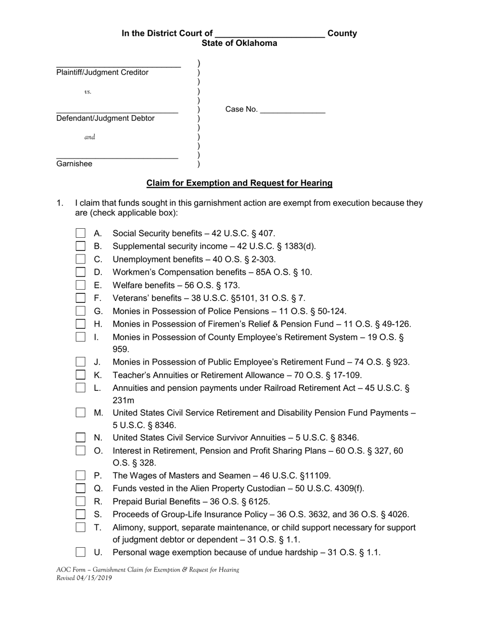 Claim for Exemption and Request for Hearing - Oklahoma, Page 1