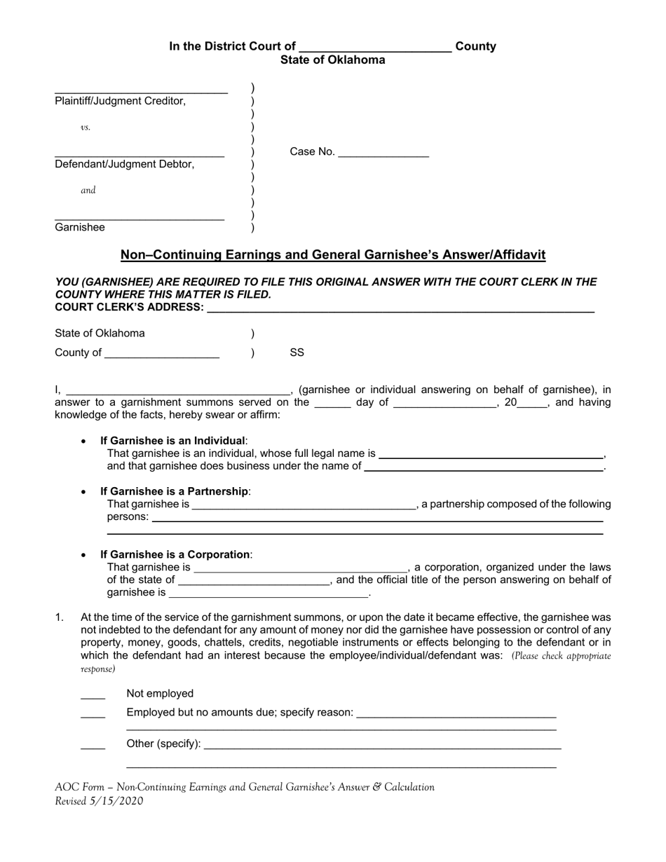 Non-continuing Earnings and General Garnishees Answer / Affidavit - Oklahoma, Page 1