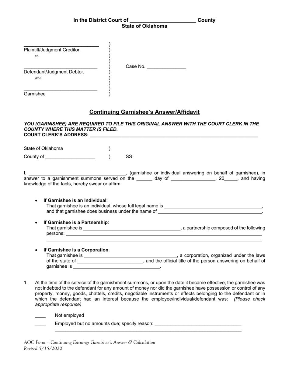 Continuing Garnishees Answer / Affidavit - Oklahoma, Page 1