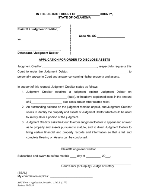 Application for Order to Disclose Assets - Oklahoma Download Pdf