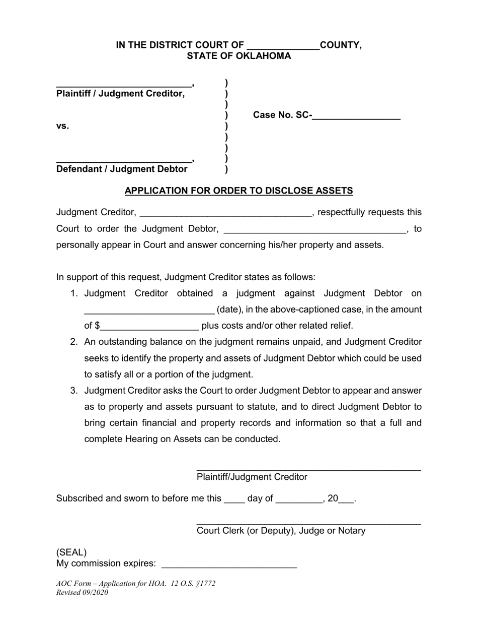 Application for Order to Disclose Assets - Oklahoma, Page 1