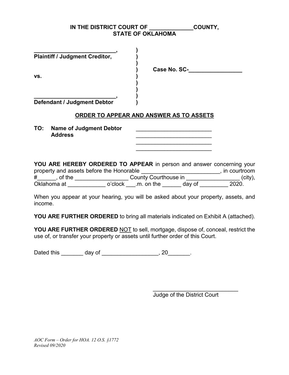 Oklahoma Order to Appear and Answer as to Assets Fill Out, Sign