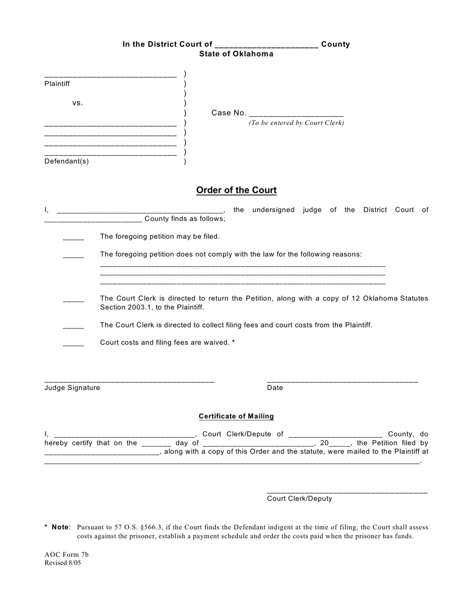AOC Form 7B Order of the Court - Oklahoma, Page 1