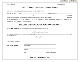 Document preview: Special Event County Beverage Permit - Oklahoma